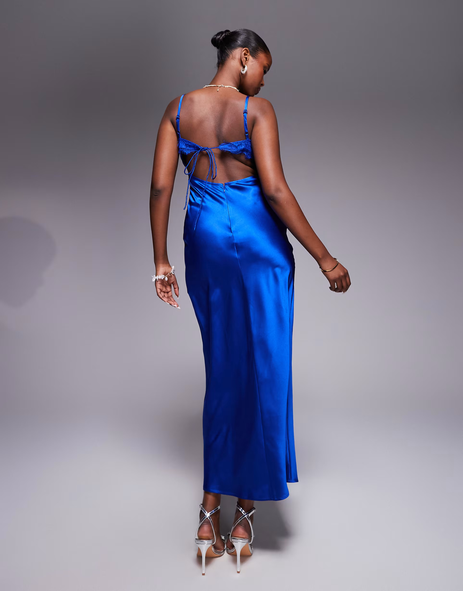 ASOS DESIGN lace bust cup satin maxi dress with cut out back in cobalt blue | ASOS (Global)