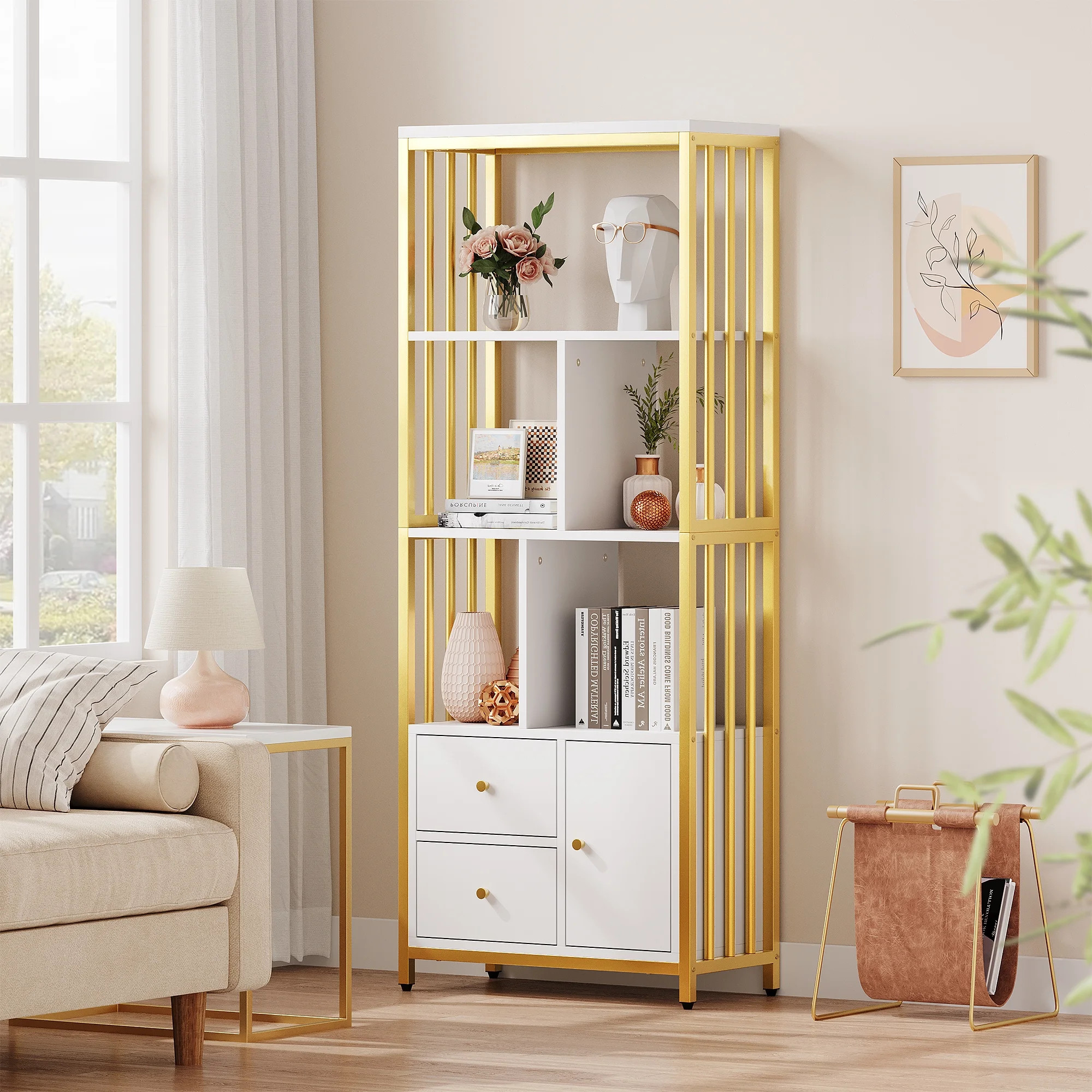 WhizMax Gold Bookshelf with Drawers Modern Bookcase Storage Rack Shelf Tall Standing Bookshelves ... | Walmart (US)