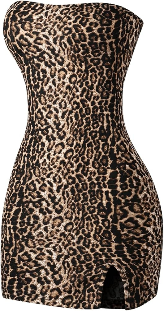 Floerns Women's Leopard Print Sleeveless Tube Top Club Dress Split Bodycon Mini Dress | Amazon (US)