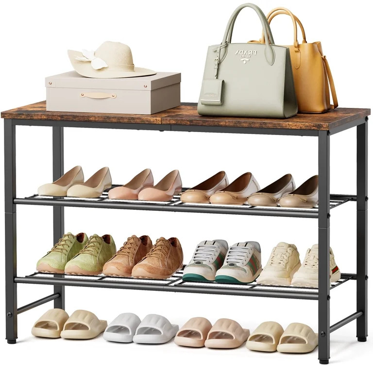 Kitsure 3-Tier Metal Shoe Rack with Wooden Top, Sturdy Shoe Organizer for Entryway, Bedroom, Clos... | Walmart (US)