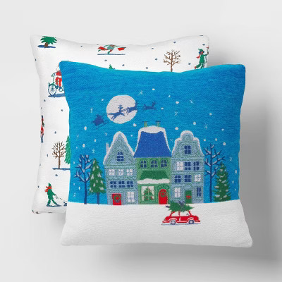 2pk Christmas Scene Jacquard Chenille Square Throw Pillow Turquoise/Ivory - Wondershop™ | Target
