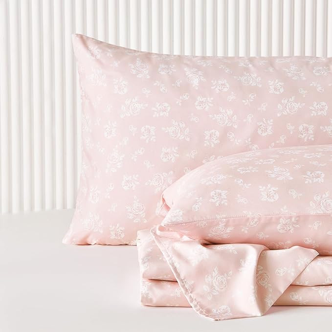 Wake In Cloud - Floral Bed Sheets, 4-Piece Sheet Set, Shabby Chic Flower Rose Pattern Printed Coq... | Amazon (US)