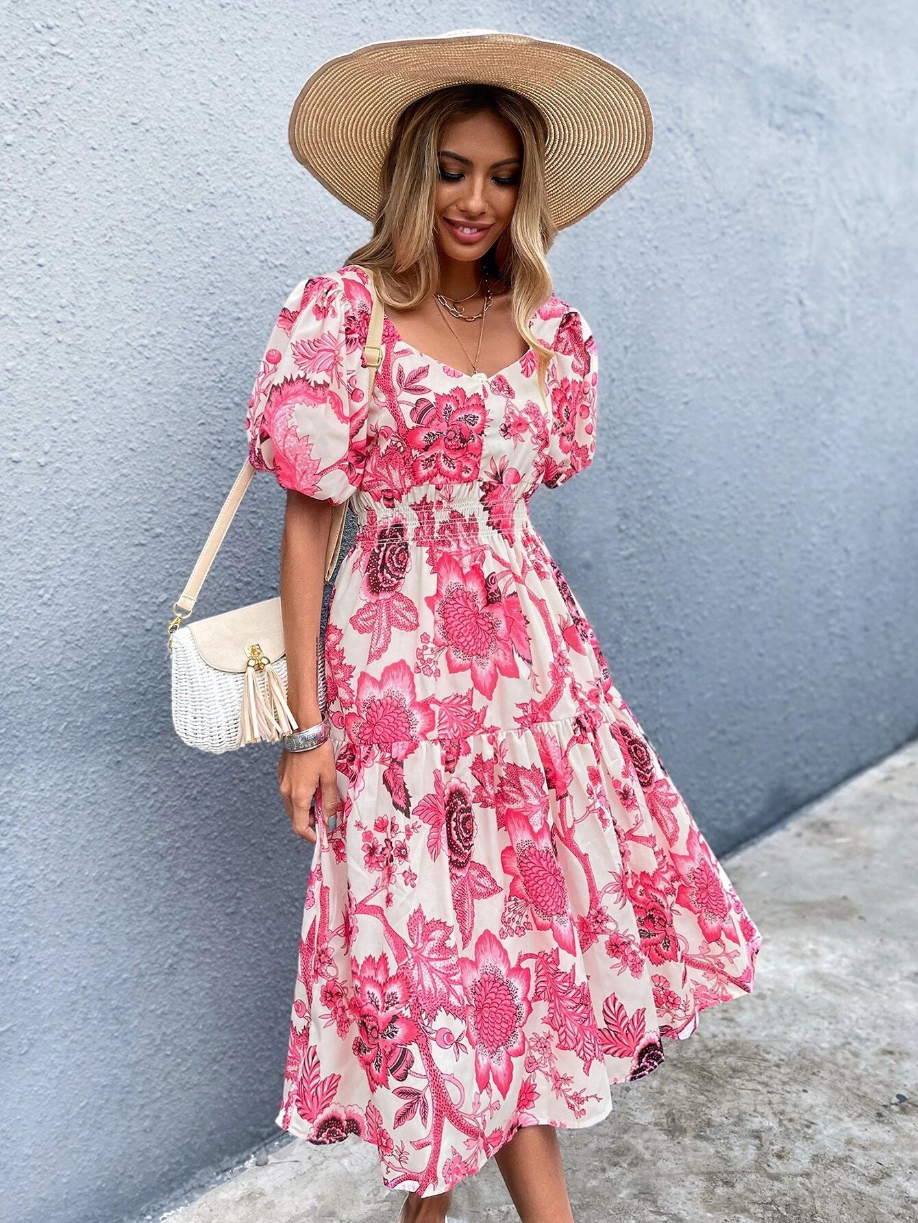 Sweetheart Neck Puff Sleeve Floral Dress | SHEIN