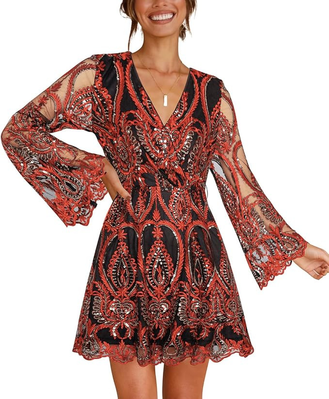 Women's Sequin Dress Long Sleeve Deep V Neck Embroidery Event Party Cocktail Mini Skater Dresses | Amazon (US)