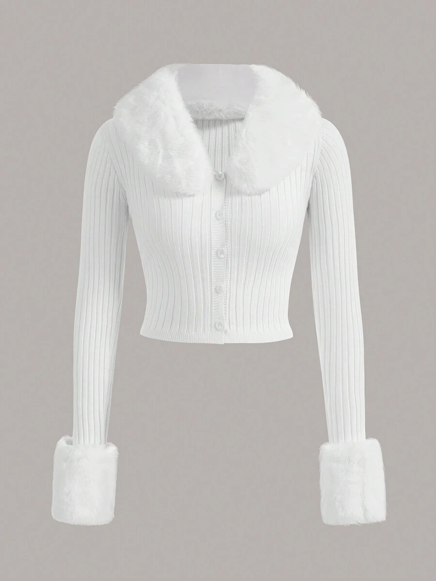 SHEIN ICON Borg Collar Fuzzy Cuff Tight Cut Black Long Sleeves Cardigan,Long Sleeve Tops In Fall/... | SHEIN