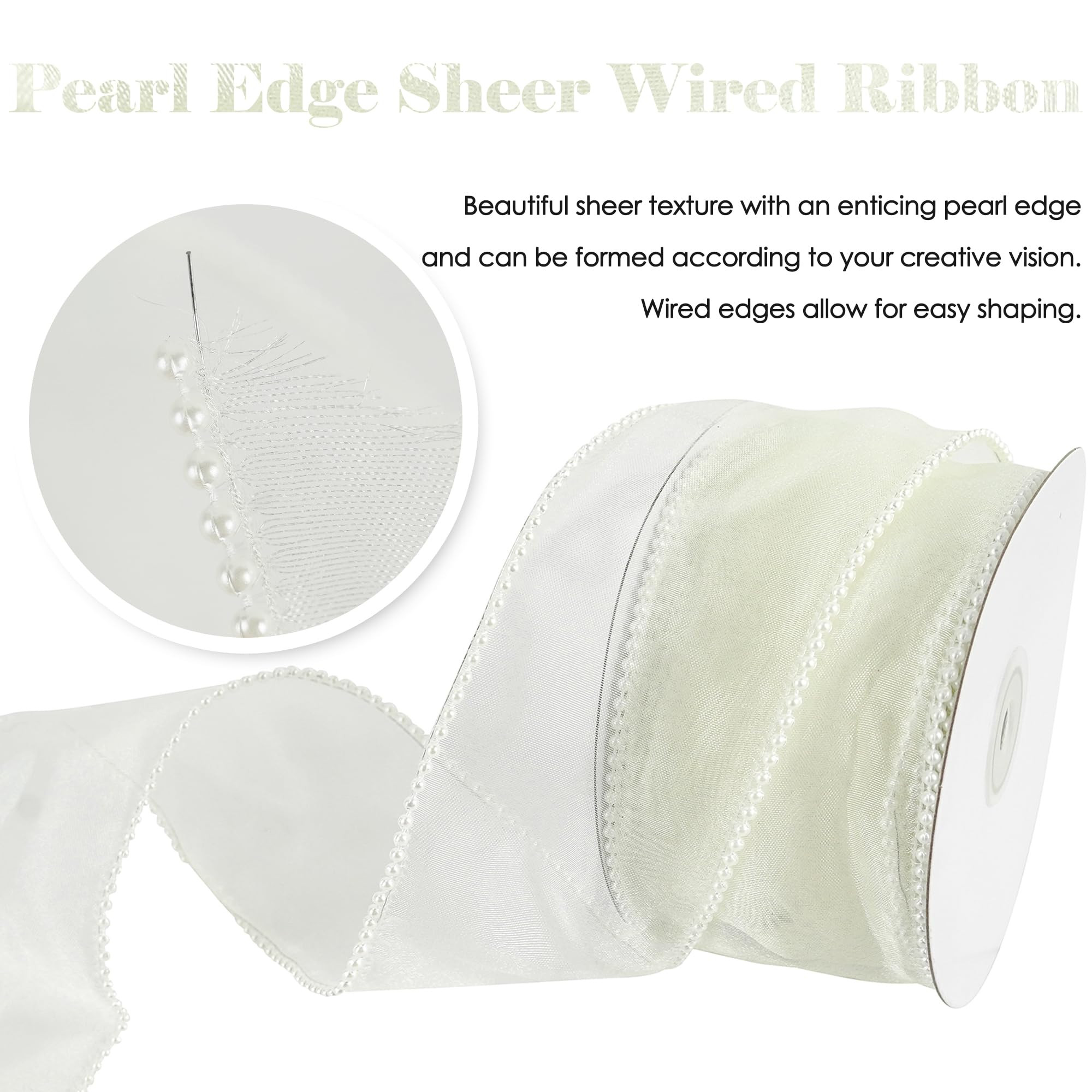 HUIHUANG Sheer Wired Ribbon 2.5 inch White Pearl Edges Wire Ribbon for Gift Wrapping, Bows Making, Wreaths Decor, Wedding Bridal Shower Decor- Continuous 10 Yards | Amazon (US)