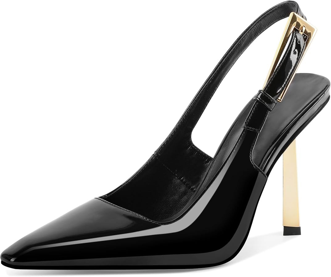Eldof Slingback Heels for Women Metallic Buckle Square Toe Slip On Gold Stilettos High Heel Pumps... | Amazon (US)