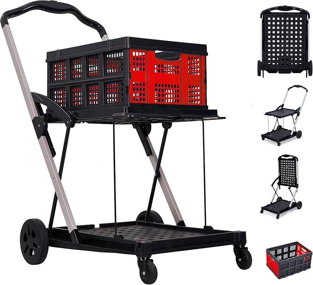 Collapsible Shopping Cart with Wheels, 2-Tier Portable Utility Cart with Removable Storage Crate ... | Amazon (US)