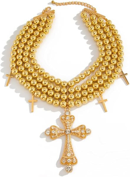 Gold Silver Chunky Cross Statement Necklace Exaggerated Pearl Beaded Layered Choker Chain Large C... | Amazon (US)