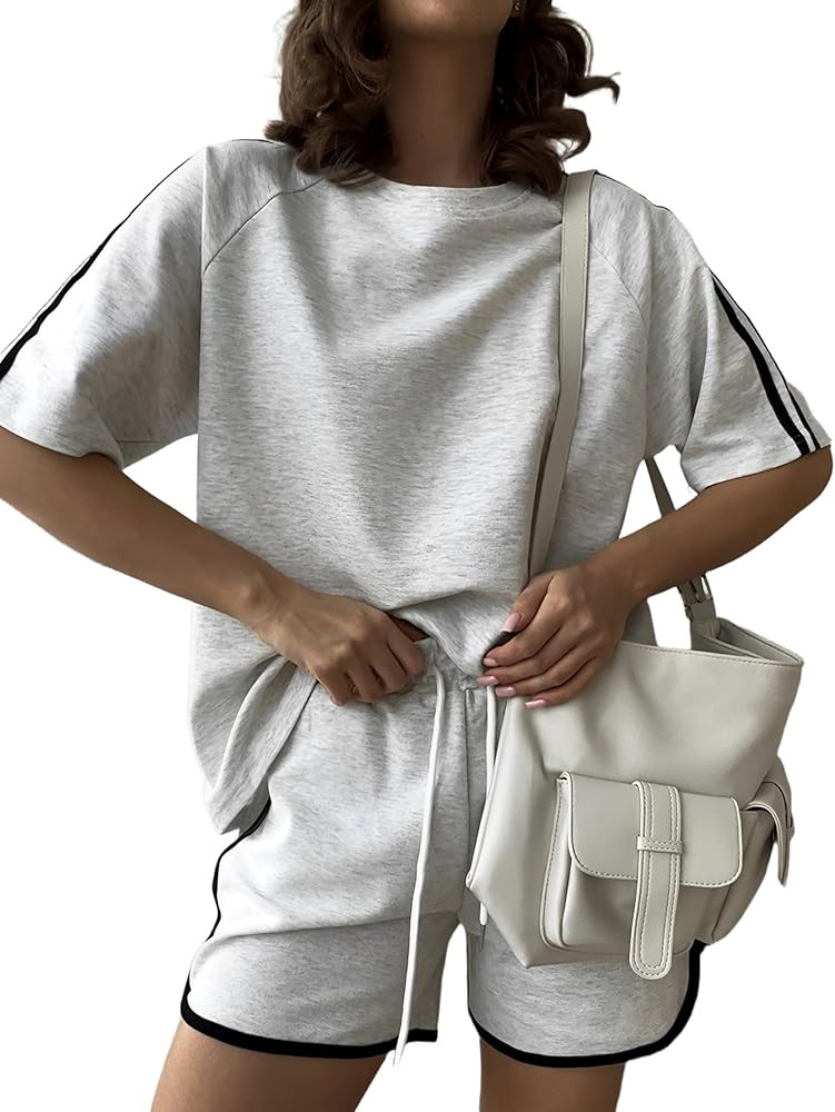Dqbeng 2 Piece Short Sets for Women Contrast Trim Tops Drawstring Shorts Summer Matching Set | Amazon (US)
