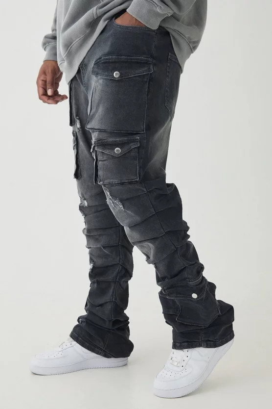 Plus Stacked Multi Cargo Pocket Flared Jeans | boohooMAN (US & Canada)