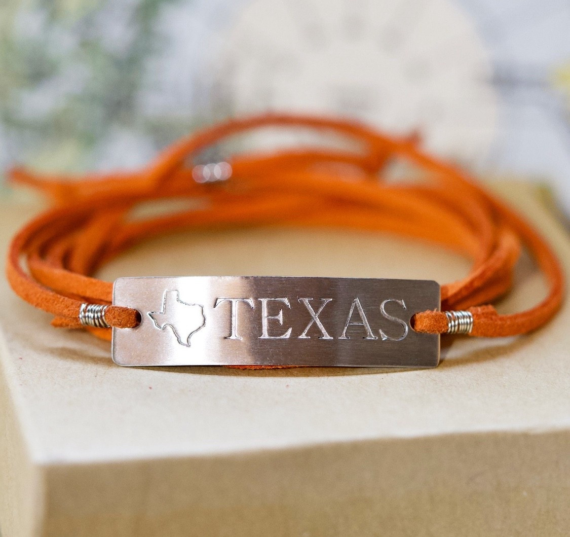 A fav of mine!! Love the burnt orange leather engraved Texas wrap bracelet from IfOnlyPretty on @etsy!! #texaslonghorns #texasgameday #burntorange #ut #gamedayfashion 
#longhornfinds #utlonghorns #utorange #texasfight #utaustin #longhorn #bevo #texasexes #texasbracelet 
