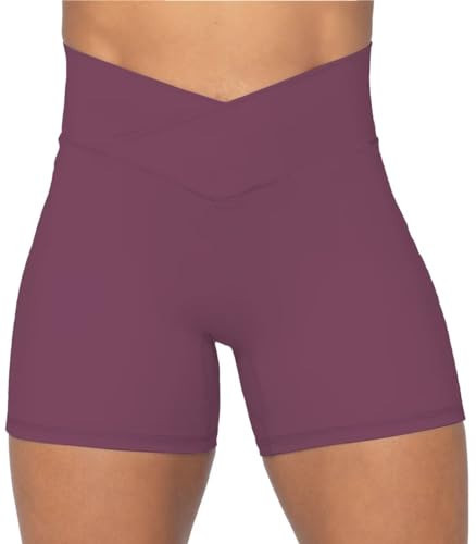 Sunzel Sunzfly Crossover Biker Shorts for Women, V Criss Cross High Waist Yoga Workout Gym Shorts with Tummy Control 4" Inseam Purple Red X-Large | Amazon (US)