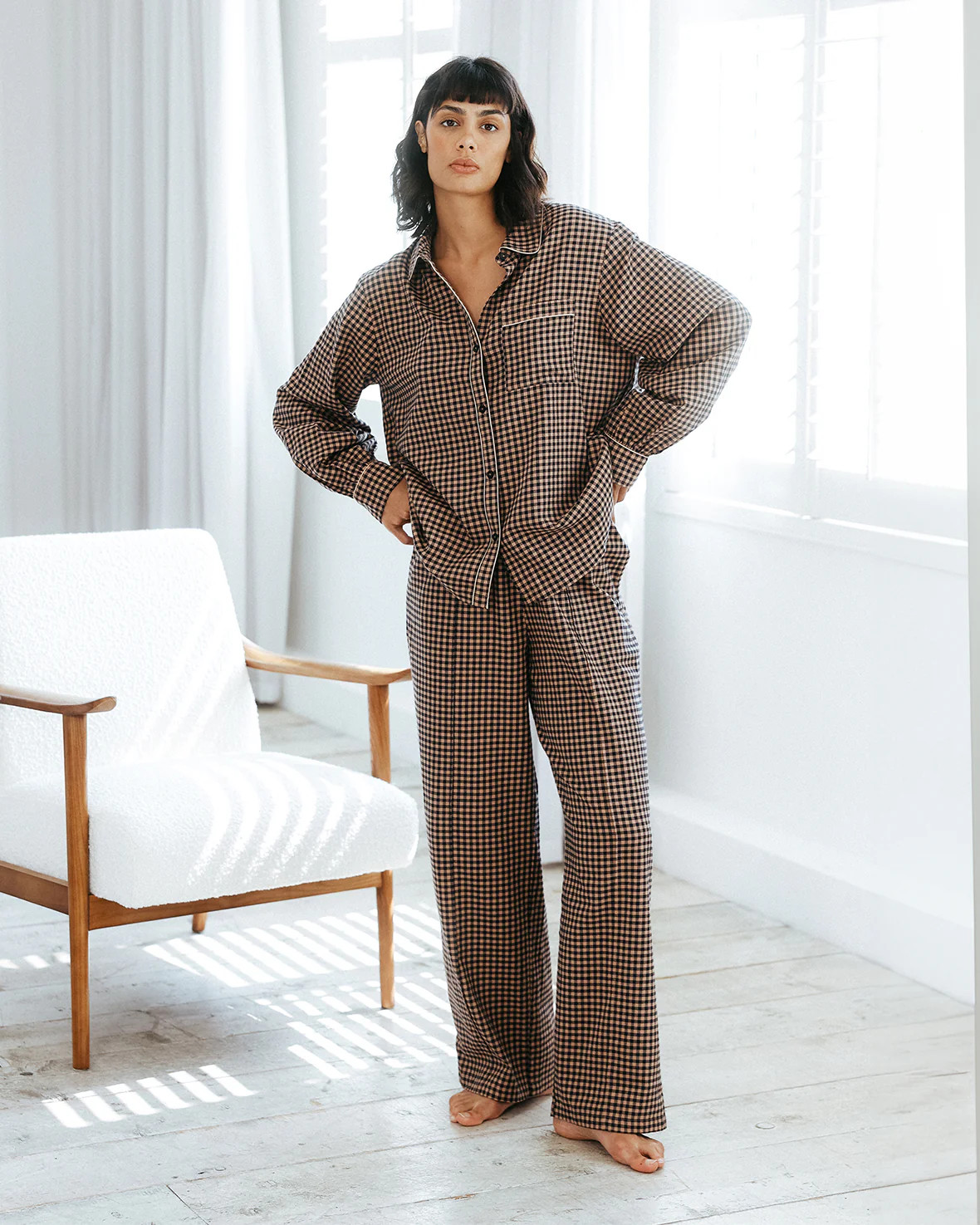 Organic Cotton Gingham Check Long Pyjama Set - Brown | Chelsea Peers NYC