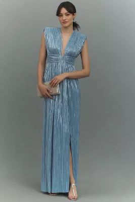 Sabina Musayev Satellite V-Neck Column Pleated Foil Maxi Dress | Anthropologie (US)