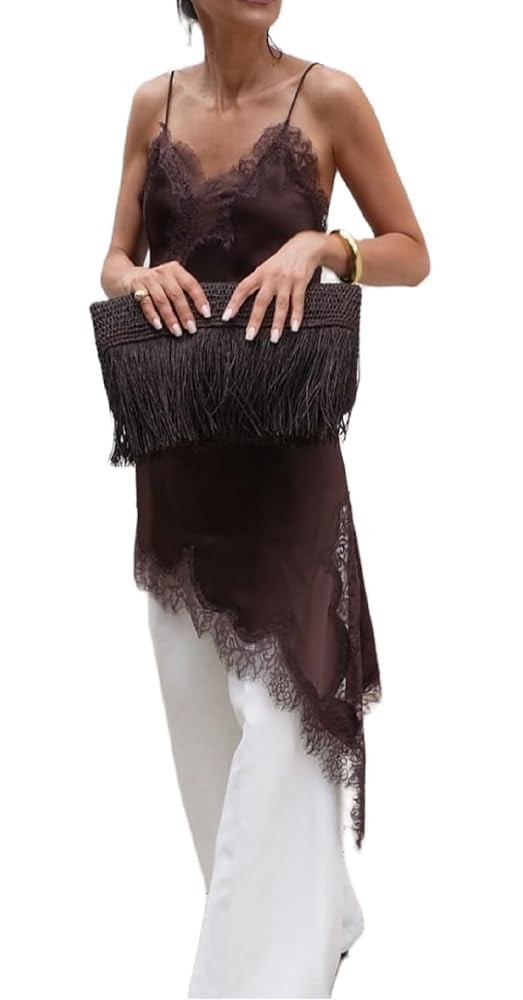 Women Satin Long Lace Cami Top Y2K Spaghetti Strap Side Split Tank Tops Dress Clothes | Amazon (US)