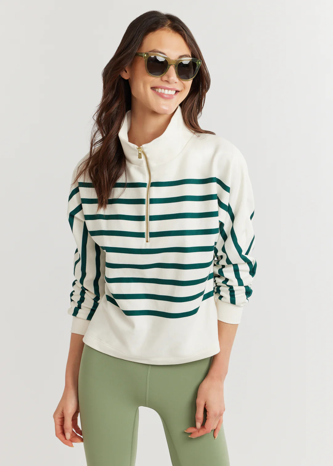 Marion Zip Pullover in Terry Fleece (Cream/Woodland Green Placed Stripe) | Dudley Stephens