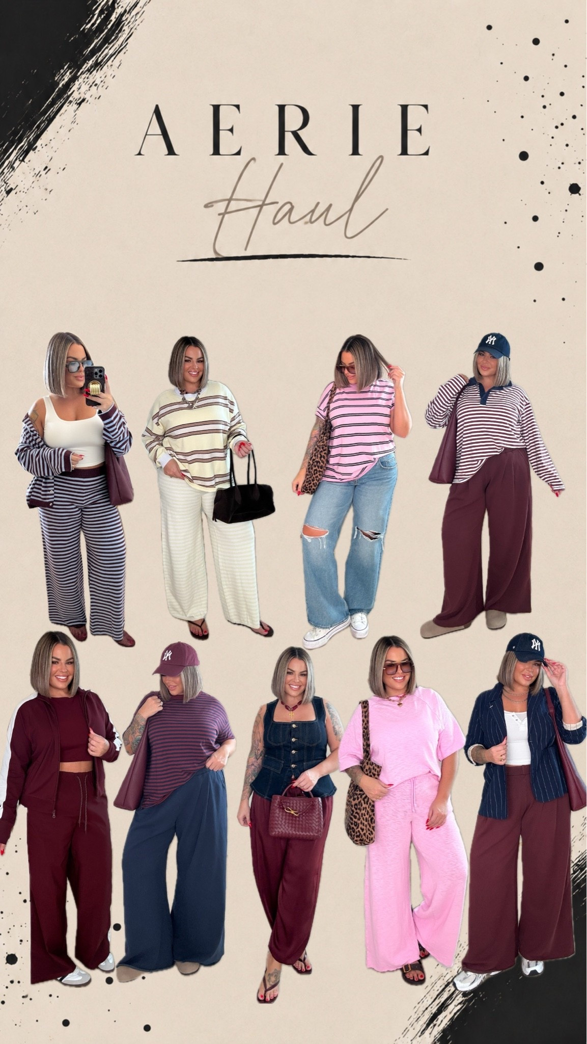 Top row left to right sizes 
Pants L reg , cardigan L 
Yellow sweater L , pants L reg
Pink tee M , Levi’s size up 2 sizes I’m doing a 33 trust me when I say size up 2 sizes. 
Burgundy street trousers L reg 
Long sleeve stripe tee L 

Bottom row 
Sports bra sized up to xxl because the bands run SO TIGHT  in their bras trust me size up ! 
Burgundy set L pants L reg 
Navy street trousers are sold out. 
Blue and maroon stripe top M 
Denim vest L - Walmart 
Satin balloon trousers size down these are a M 
Pink set runs super big - top small, pants M reg length 
Blazer L 
White tank under blazer size down I’m doing M 
Pants L reg