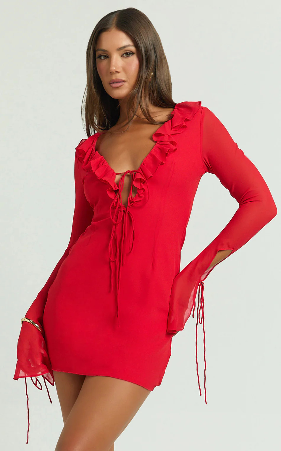 Ruffle Plunge Neck Long Sleeve Tie Detail Dress in Red | Showpo (US, UK & Europe)
