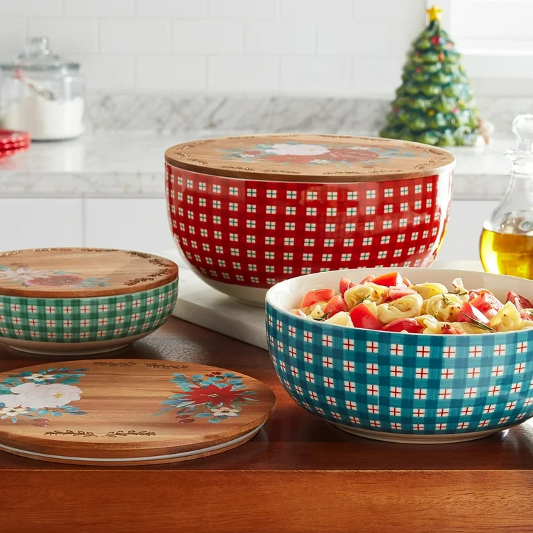 The Pioneer Woman Wishful Winter 6-Piece Ceramic Bowl with Wooden Lid Set - Walmart.com | Walmart (US)