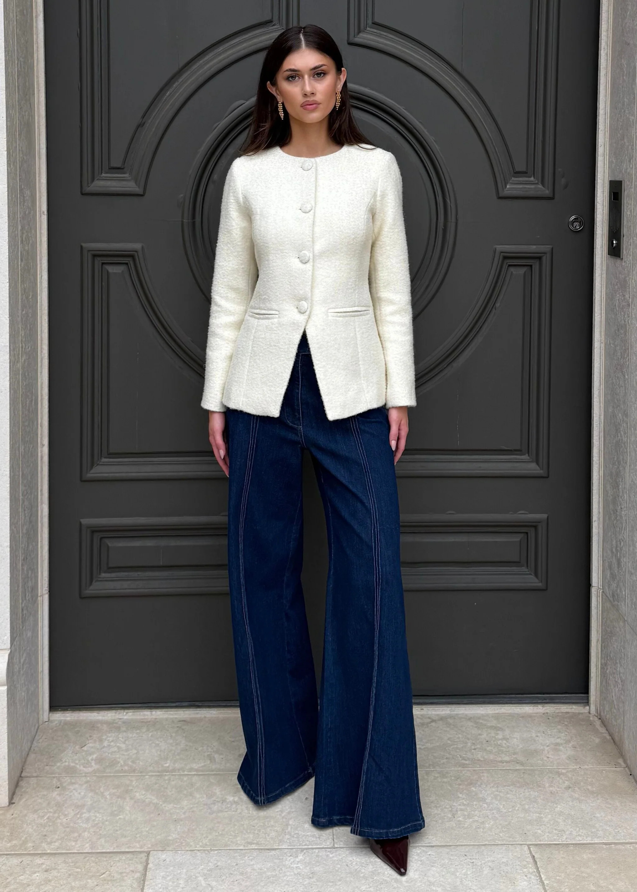 Angelica Cream Boucle Button Down Longline Tailored Blazer Jacket | Benaar La