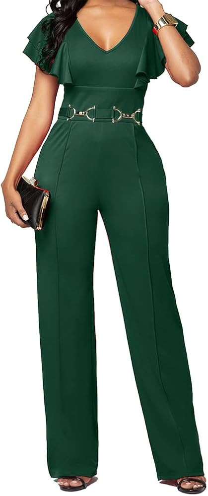 PDBQ Women's V-Neck Jumpsuit High Waist Short Sleeve Ruffled Loose Long Wide Leg Pants | Amazon (US)