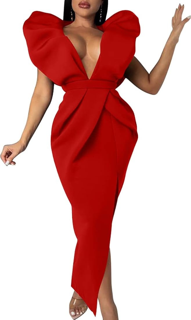 Memoriesea Women's Sexy Deep V Neck Puff Sleeve Side Split Ruched Backless Gown Dress | Amazon (US)