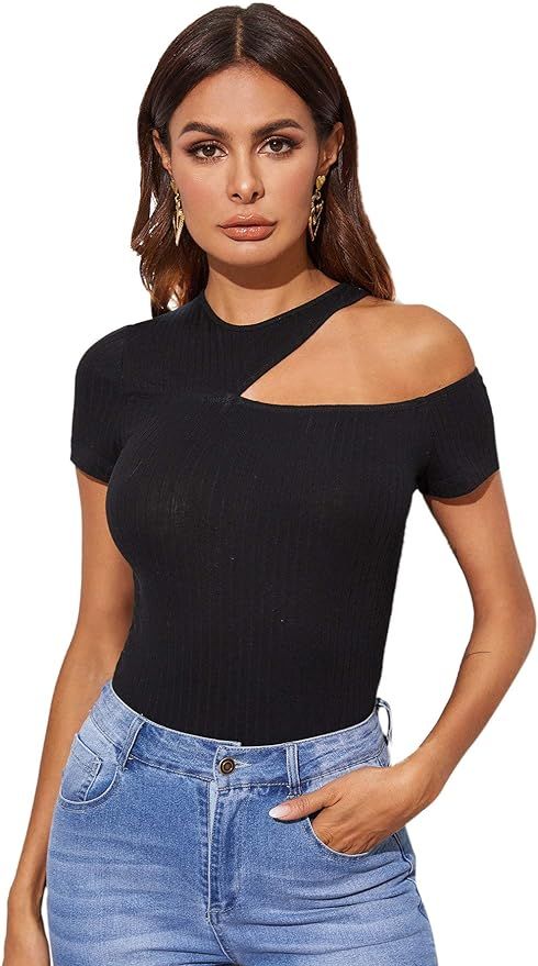 Romwe Women's Sexy Asymmetric Cutout Neck Ribbed Casual T-Shirt Tops | Amazon (US)