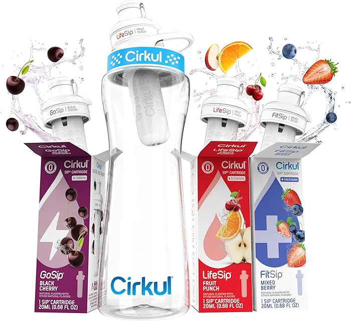 Cirkul 22oz. BPA-Free Plastic Water Bottle Starter Kit with Blue Lid, 3 Flavor Cartridges (1 Life... | Amazon (US)
