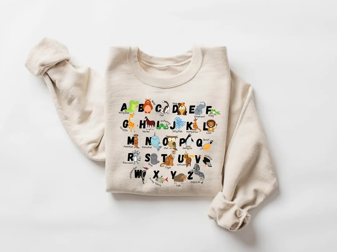 Alphabet Sweatshirt, ABC Shirt, Animals Alphabet Tshirt, Kindergarten Teacher Gift, Alphabet Shir... | Etsy (US)