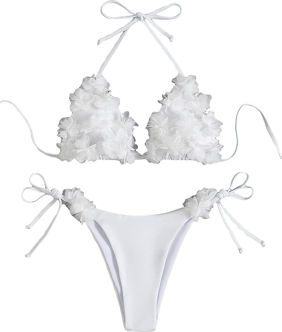 GORGLITTER Women's Appliques Triangle Bikini Set Halter Wireless Bra and Tie Side Thong Swimsuit ... | Amazon (US)