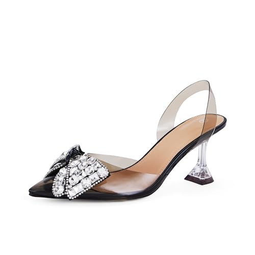 Women's Clear Heel Closed Toe Pumps with Butterfly Bow, Rhinestones Slingback, Pointed Toe(8.5,Black) | Amazon (US)