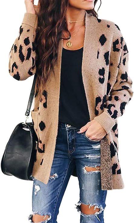 Chang Yun Women's Leopard Cardigan Sweaters Open Front Knit Kimono Long Sleeve Boyfriend Casual C... | Amazon (US)