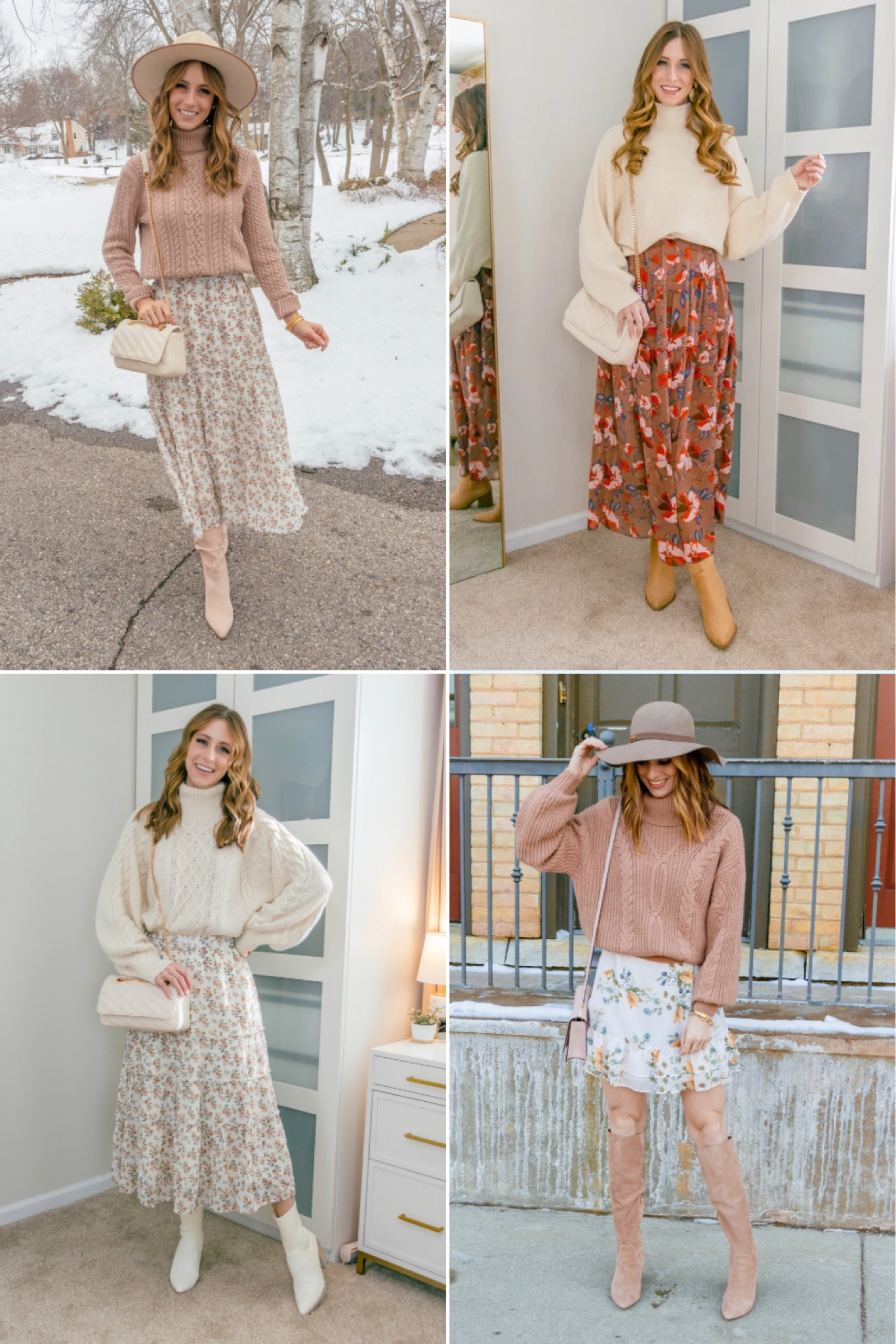4 feminine and floral cold weather spring outfit ideas. All of these would be great for Easter! 

Floral skirt | floral dress | Easter outfits | Spring outfits | Amazon Fashion finds