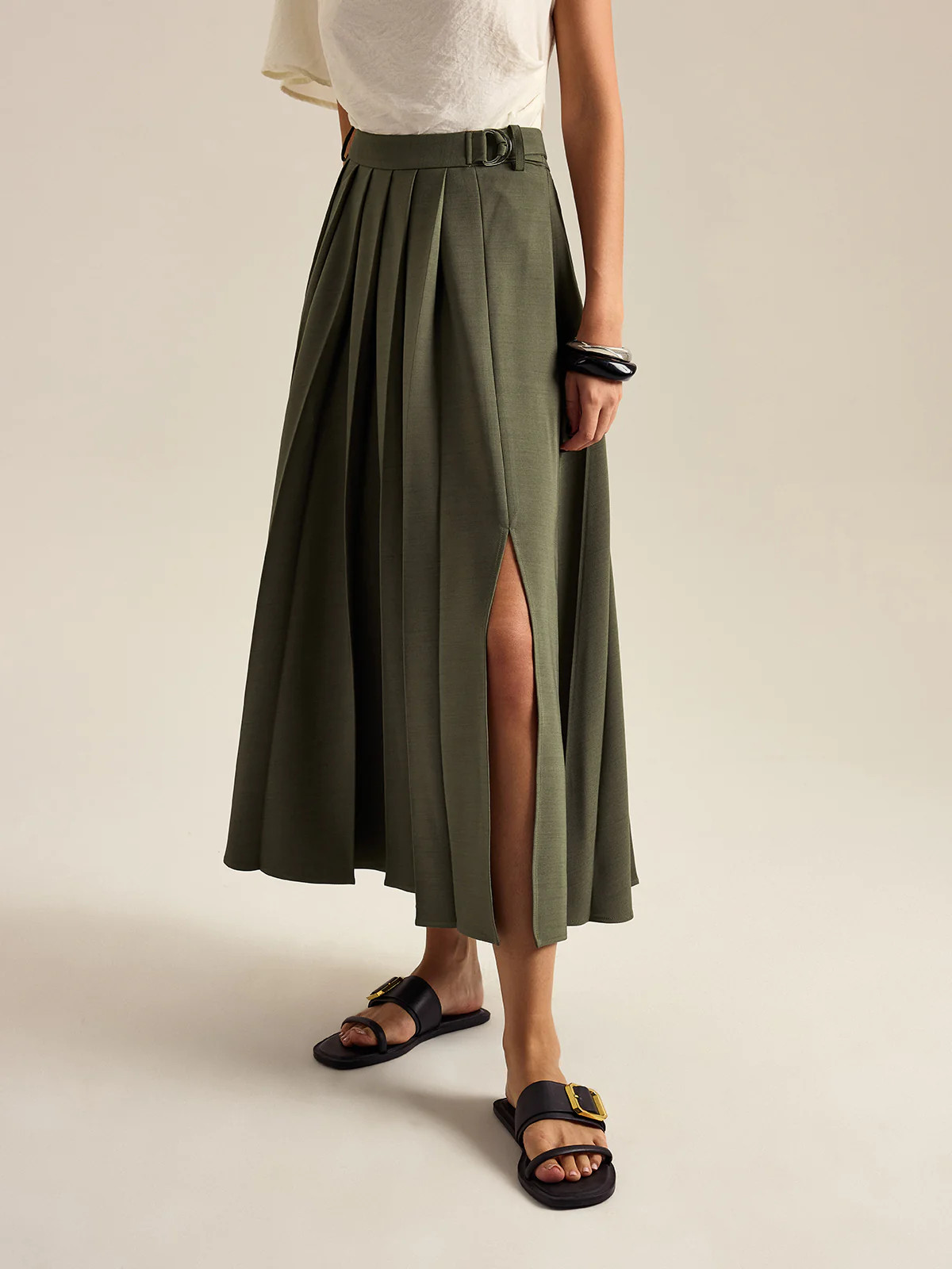 Pleated Midi Skirt with Side Slit | Commense