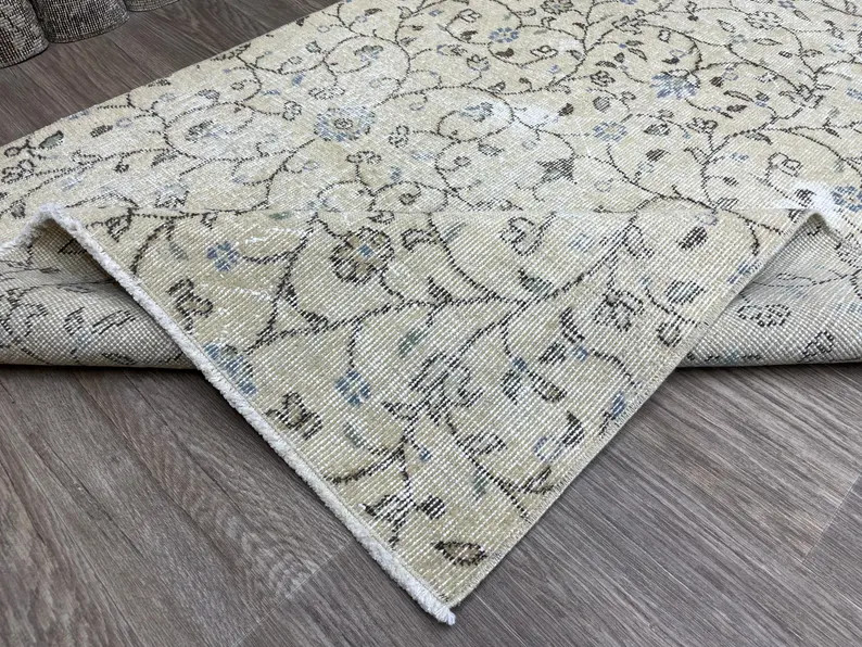 Hand-Knotted 4x6 Beige Turkish Rug: Vintage Floral Oushak Wool Rug | Etsy (US)