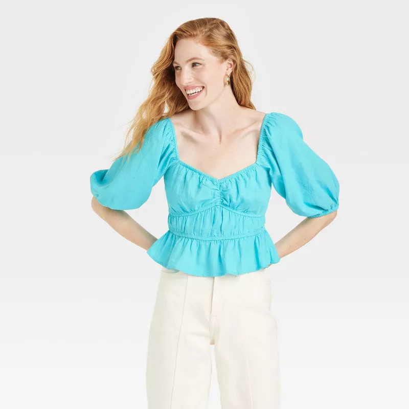 Women's Puff Elbow Sleeve Linen Shirt - A New Day™ | Target