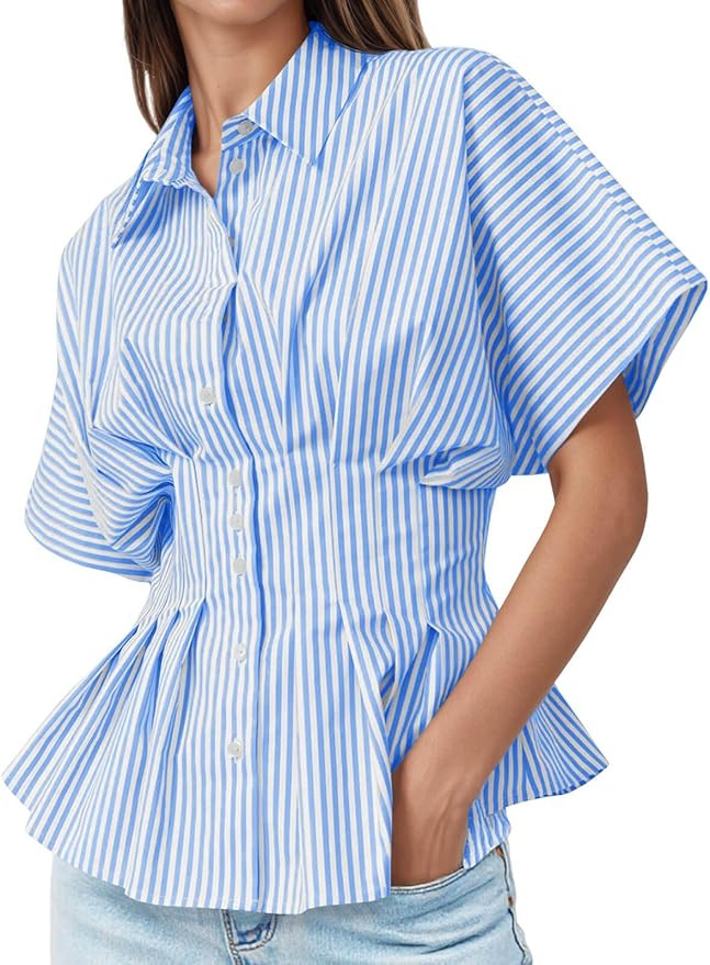 Tankaneo Womens Striped Peplum Button Down Shirts Short Sleeve Pleated Tops Summer Business Casua... | Amazon (US)