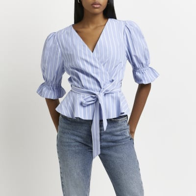 Blue striped tie waist peplum top | River Island (UK & IE)