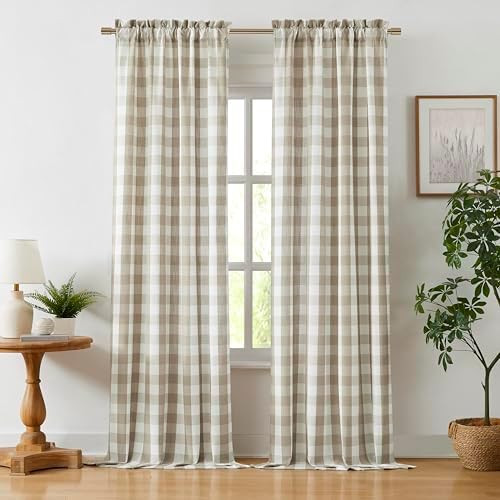 Beige Buffalo Plaid Check Curtain Panels 84 Inch Length,Tan Buffalo Gingham Rustic Farmhouse Styl... | Amazon (US)