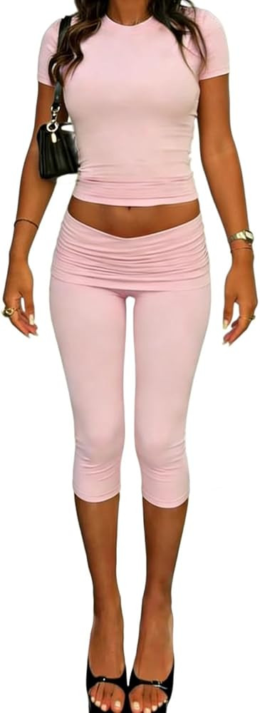 ZFLM casual sports women's two-piece set with short sleeves exposed navel high waistfoldable crop... | Amazon (US)
