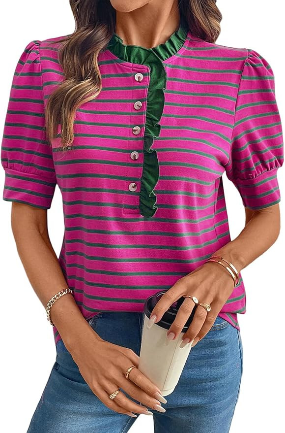 BLENCOT Summer T Shirt for Women Casual Puff Sleeve Button Down Ruffle Collar Striped Knit Blouse... | Amazon (US)