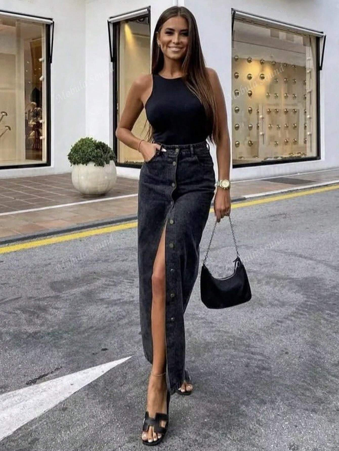 20595-2 Fashion Button Decor Women's Long Denim Maxi Skirt For Fall/Winter | SHEIN USA | SHEIN