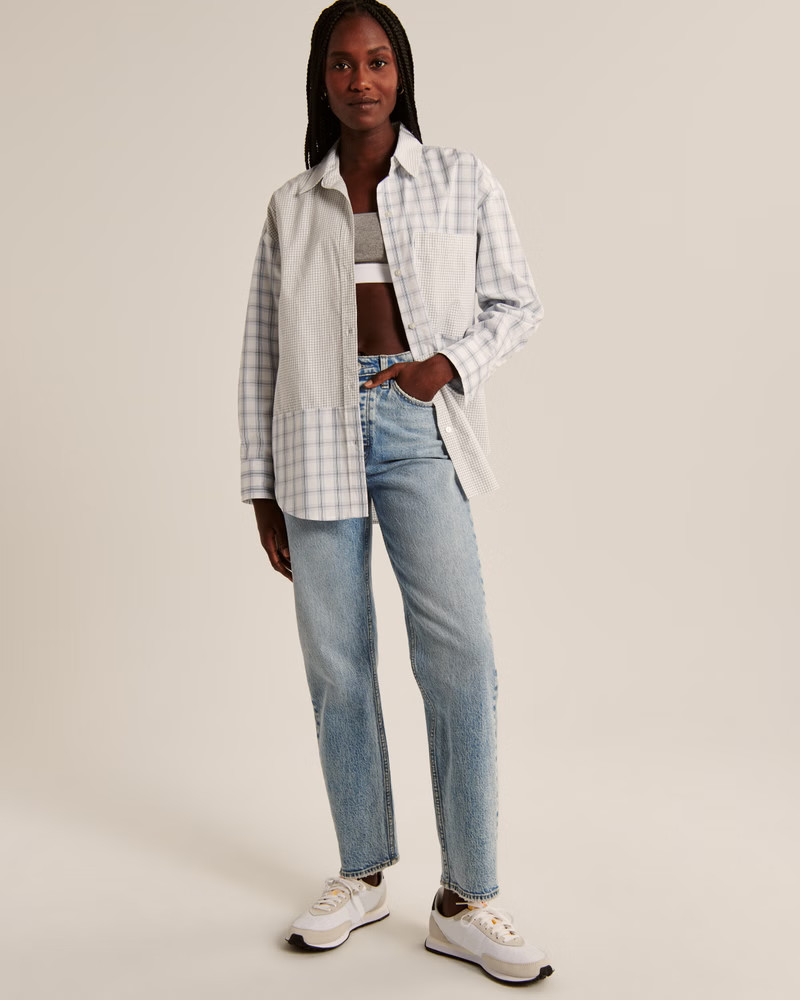 Women's Oversized Poplin Spliced Striped Button-Up Shirt | Women's Tops | Abercrombie.com | Abercrombie & Fitch (US)