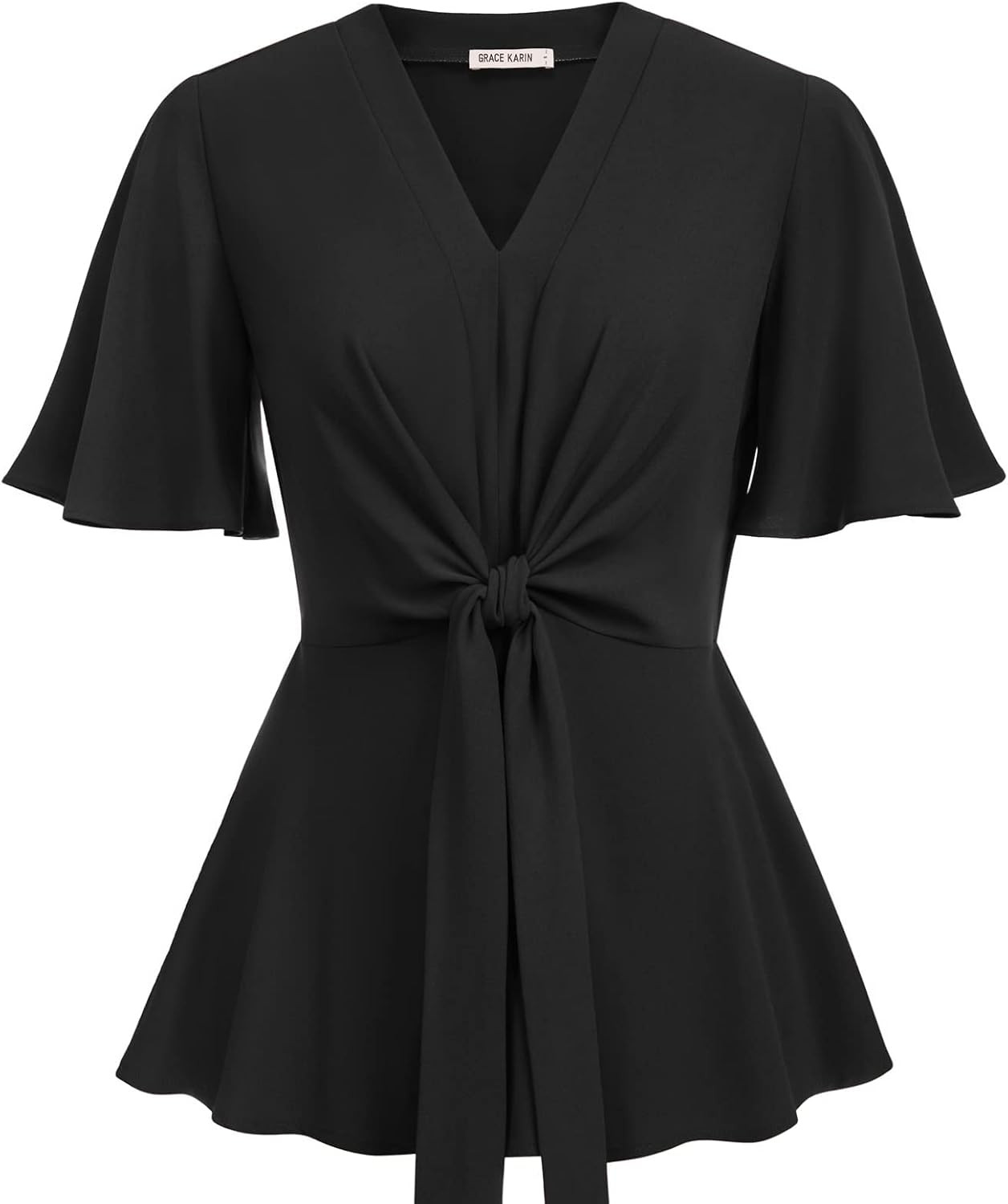 GRACE KARIN Women's Elegant V-Neck Tie Waist Flowy Peplum Shirt Tops | Amazon (US)