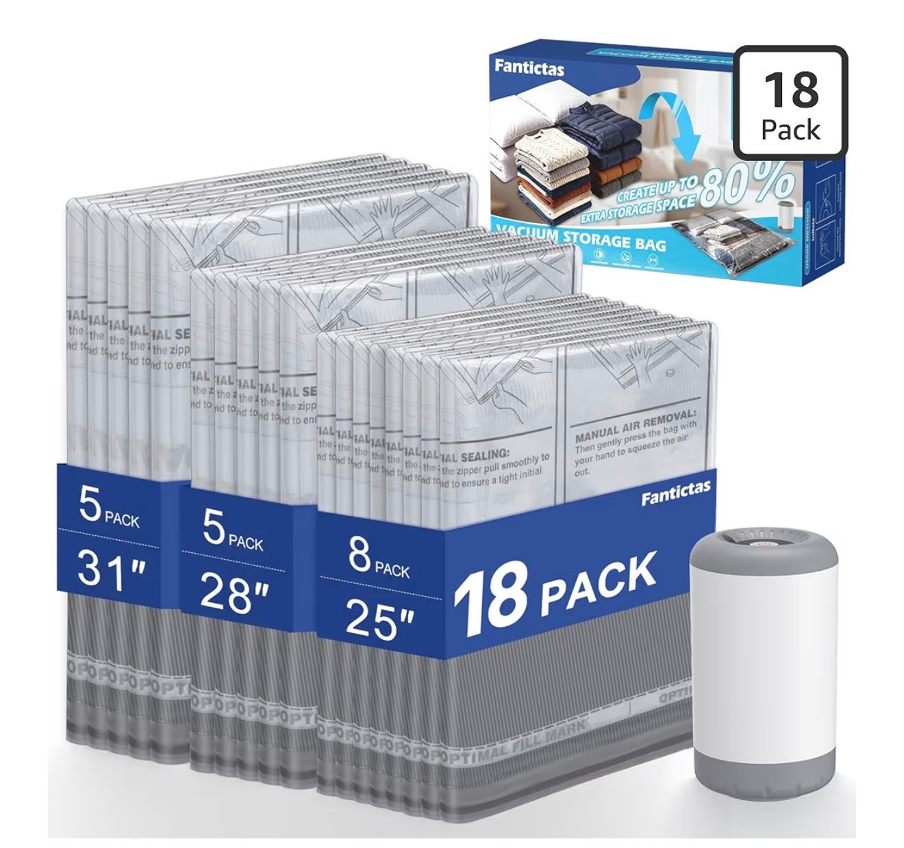 Travel Vacuum Storage Bags with Rechargeable Air Pump, 18 Pack Portable Space Saver Bags, Compression Bags for Clothing, Bedding, Seasonal Storage & Packing Bags for Moving

#LTKselfcare #LTKmomlife #LTKU