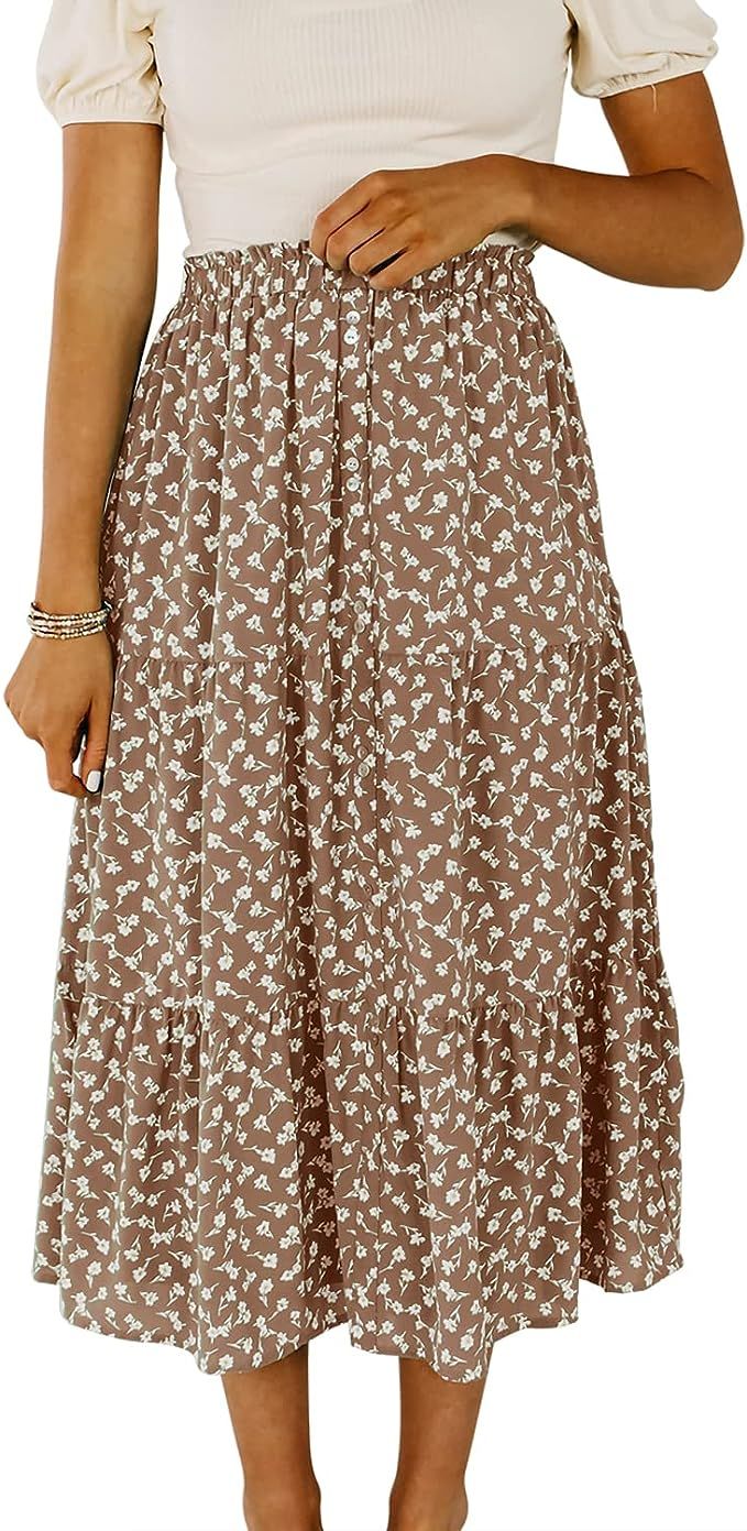 Loccysu Womens High Waisted Skirts Summer Boho Floral Dress Casual Pleated A-Line Flowy Midi Skir... | Amazon (US)