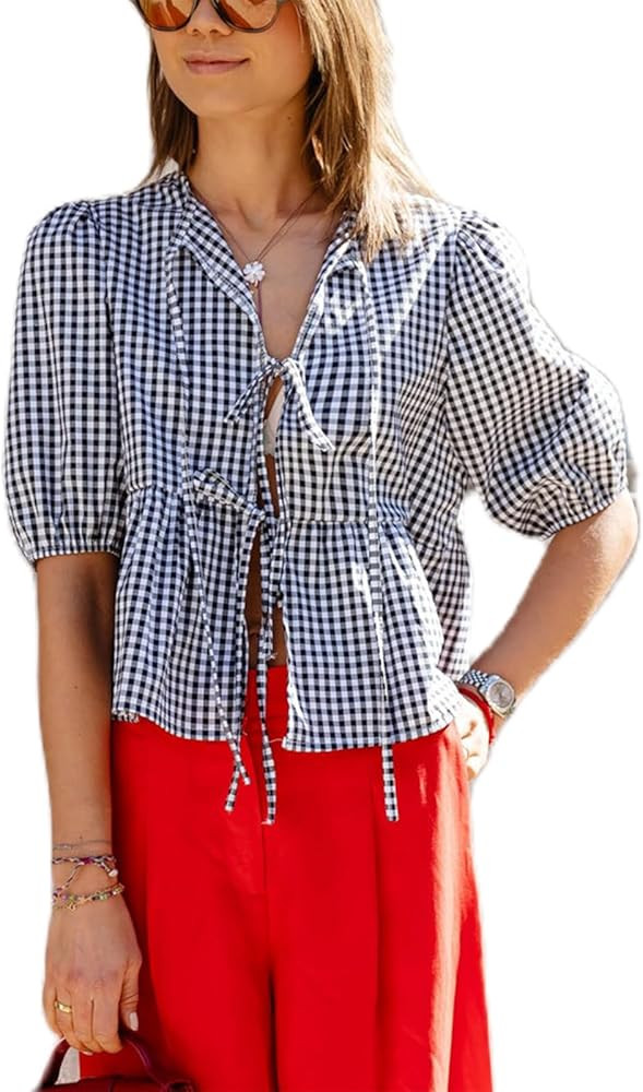 Puff Short Sleeve Babydoll Peplum Tops for Women Y2k Tie Front Ruffle Hem Blouse Cute Retro Vinta... | Amazon (US)