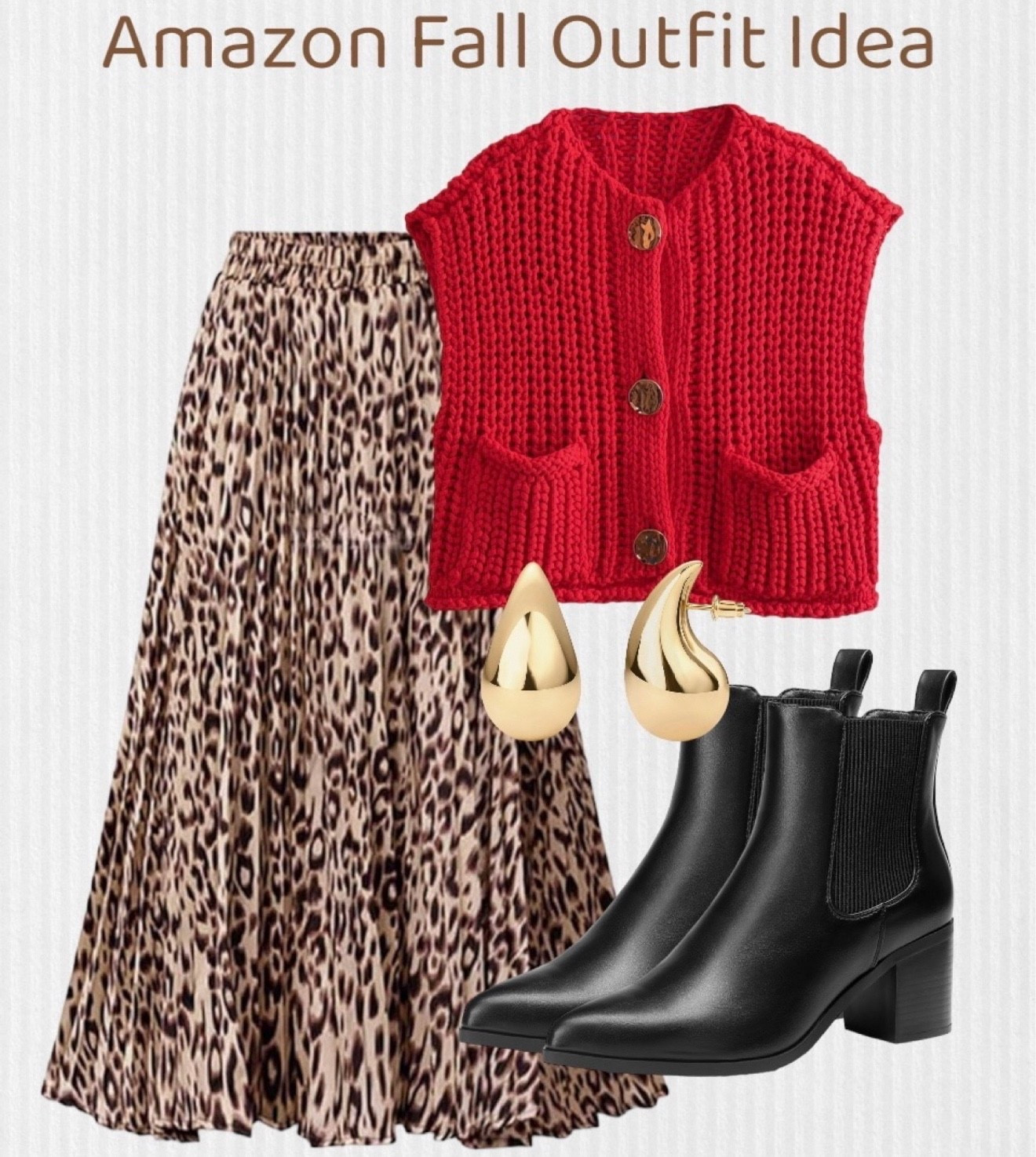 Amazon fall outfit idea: an animal print skirt, a red chunky crochet vest, and black booties. It’s also a cute teacher outfit. 





#falloutfit #fallshoes #booties 
Leopard print skirt, red vest, Womens Crop Knit Vest Top Chunky Crochet Button Cardigan Sweater Vests Sleeveless 2025 Fall Sweaters Tops, animal print maxi skirt, maxi skirt, teacher outfit #LTKShoeCrush #LTKFindsUnder50 #LTKStyleTip

#LTKSeasonal #LTKWorkwear #LTKSaleAlert #LTKootd