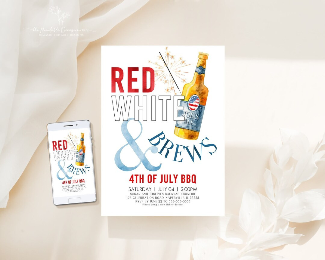 EDITABLE 4th of July Party Invitation Template Red White and Brews 4th of July Backyard BBQ Invit... | Etsy (US)